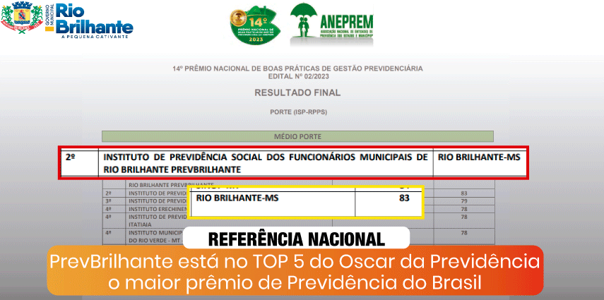 PrevBrilhante  está no TOP 5 do Óscar da Previdência, o maior prêmio de Previdência de RPPS no Brasil!